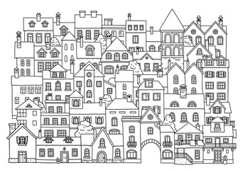 Fototapeta premium Old town. City landscape. Coloring book for children. Cartoon Vector illustration.