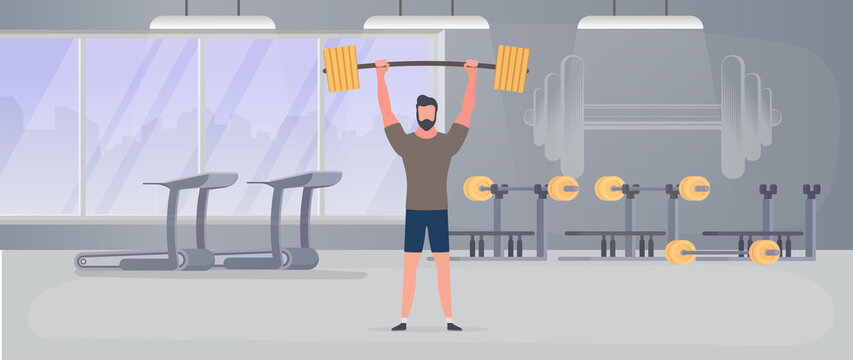 Spotsman with a barbell in the gym. A man lifts a dumbbell. The concept of sport and healthy lifestyle. Vector.