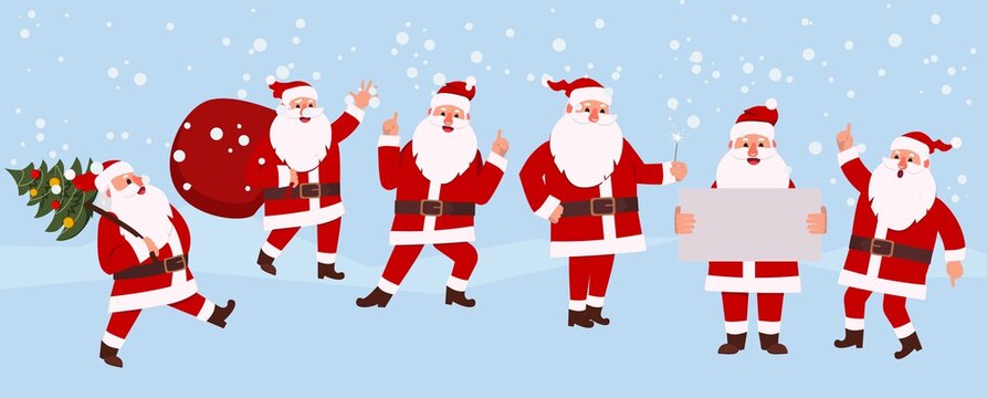 Cartoon santa claus animation set. Winter holiday character creation kit with emotions, gestures. Vector santa with red bag in hands, christmas tree, plaque sign, present boxes