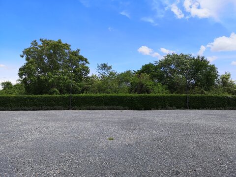 Parking lot sprinkled with gravel on tree bush nature background