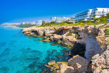 Cyprus. Ayia Napa Resort. Hotels off the coast. Blue Loguna in Cyprus. Rocky seashore. Relax in a...