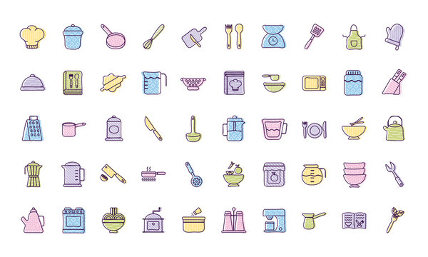 Cook and kitchen line and fill style icon set vector design