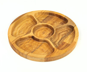 Wooden kitchen bamboo utensils plate board isolated on white background.