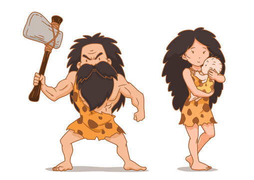 Cartoon character of caveman holding stone axe and cavewoman carrying baby.