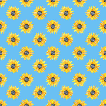 Watercolor seamless pattern with yellow sunflowers on blue background. Hand painted illustration.