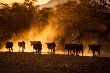 Fototapeta na wymiar herd of cattle at sunset
