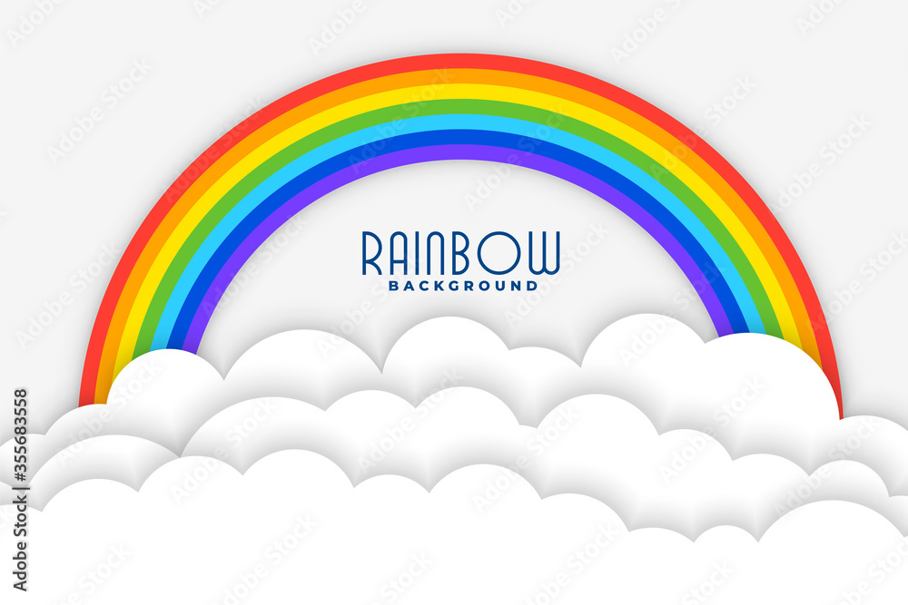 Wall mural rainbow background with white papercut clouds design