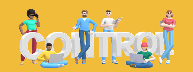 Group of young multiethnic successful people with laptop, tablet, phone and word control on yellow background. Horizontal banner cartoon character and text website slogan. 3D rendering.