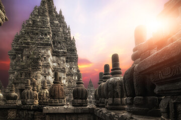 Amazing sunrise at Prambanan Temple. Yogyakarta. Java island, Indonesia