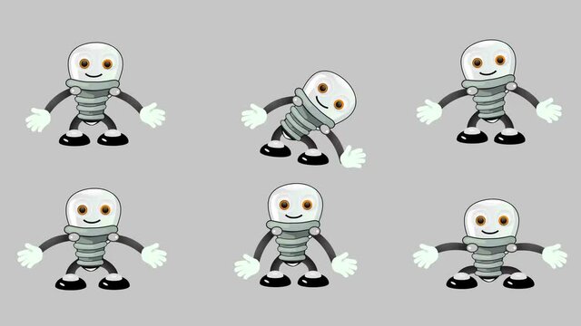 Bulb lamp character animation set in 4K with alpha channel. Looped scenes. Cartoon style character actions such as walking jumping looking breathing staying clapping dancing workout to compose