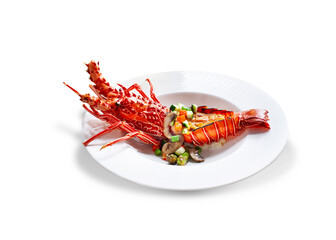Lobster with mushrooms, chopped cucumbers, sliced green beans, carrots, green chillies. Food preparation isolated on white shades.