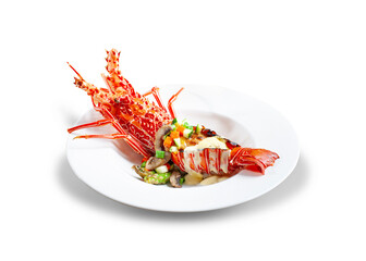 Lobster in mayonnaise sauce, with mushrooms, cucumber slices, sliced green beans, carrots, green chillies, smothered in mayonnaise sauce, isolated on a white background.