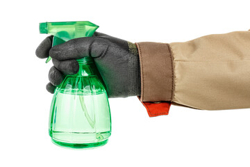 Worker hand in black protective glove and brown uniform holding green transparent plastic spray...