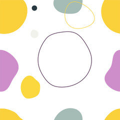 Seamless pattern, bright colours, geometric shapes, bubbles, playful, textile design, minimal.