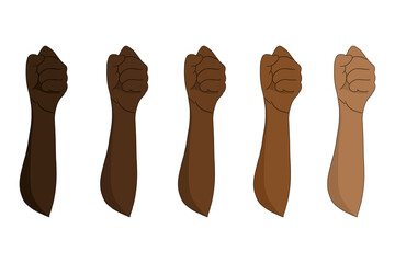 illustration of human hand raise up and different colors skin tone. flat design vector.