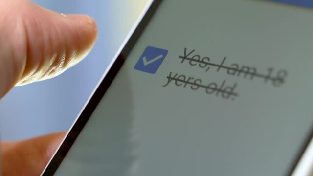 Smartphone with vote button on the screen YES, I AM 18 YEAR OLD. Confirm majority check symbol