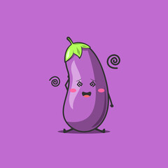 Funny cute eggplant character. Vector flat eggplant cartoon character feel so dizzy. Isolated on purple background. Eggplant fruit concept