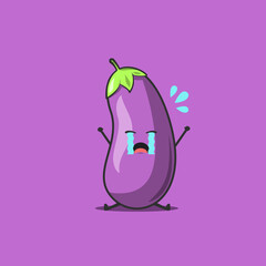 Funny cute eggplant character. Vector flat eggplant cartoon character feeling sad and crying. Isolated on purple background. Eggplant fruit concept