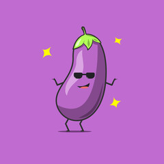 Funny cute eggplant character. Vector flat eggplant cartoon character with sunglasses. Isolated on purple background. Eggplant fruit concept