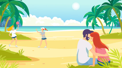 Tropical sand background. Beach overlooking the ocean. Ocean, sea. Young people relaxing on the beach. Women play volleyball.