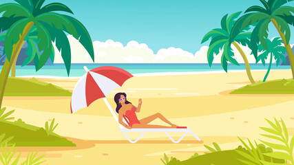 Obraz na płótnie Canvas Tropical sand background. Beach overlooking the ocean. Ocean, sea. Woman sunbathes on a lounger.