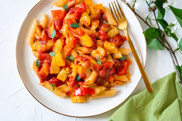 Penne pasta in a tomato sauce with zucchini and red pepper