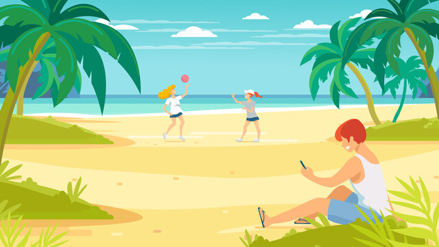 Tropical sand background. Beach overlooking the ocean. Ocean, sea. Young people relaxing on the beach. Women play volleyball. Man looks into the phone.