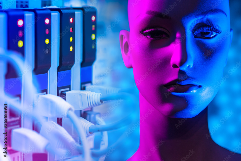 Poster artificial intelligence. concept - robot in the form of a man. cables are connected to network equip