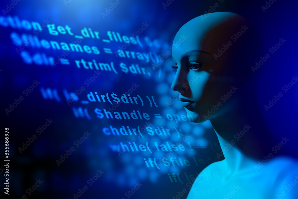 Poster creation of artificial intelligence. concept - machine learning. production of humanoid robots. mann