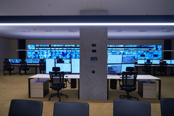 Empty interior of big modern security system control room