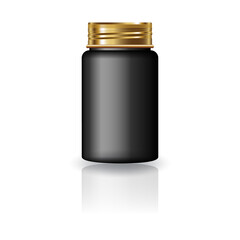 Black medicine round bottle with gold screw cap lid for beauty or healthy product.