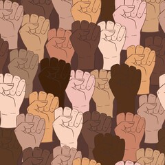 Vector seamless pattern with different ethnicity colors human fists. Hand drawn background with strong fists, anti-discrimination African people in USA, police violence. Stop racism, all lives matter.