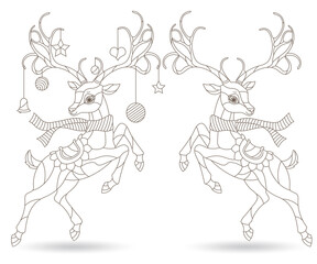 Set of contour illustrations in stained glass style with funny cartoon deers, outline  figures isolated on a white background