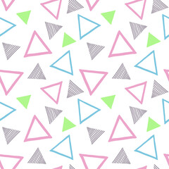Geometric seamless pattern with colorful triangles on a white background. Vector design template for wallpaper, wrapping paper, packaging, printing on fabric, textile, clothes and bags. Hand drawn