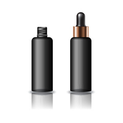 Blank black clear cosmetic round bottle with dropper lid for beauty or healthy product.