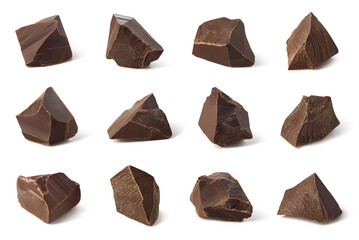 Set of broken dark chocolate pieces