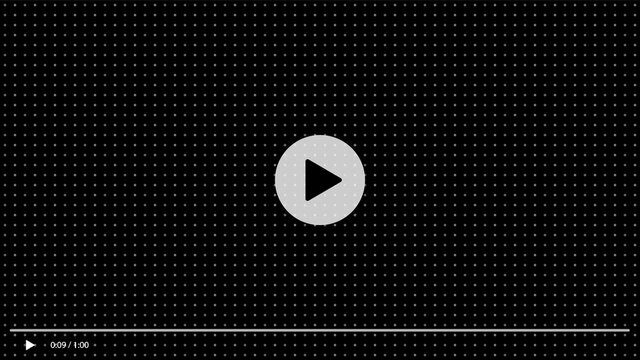 A digital video player interface featuring a central play button, a black background with a white grid pattern, and a control bar with icons.