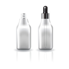 Blank clear square cosmetic bottle with black-silver dropper lid for beauty product mockup template.