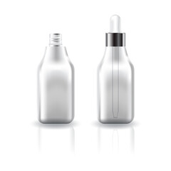 Blank clear square cosmetic bottle with white-silver dropper lid for beauty product mockup template.