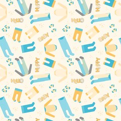 Fototapeta na wymiar Babyboy Clothes, Pants and Socks Background, vector Seamless Pattern in blue, grey and orange colors with text hello happy baby
