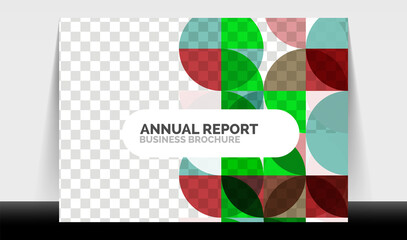 Horizontal A4 business flyer annual report template, circles and triangle style shapes modern geometric design for brochure layout, magazine or booklet