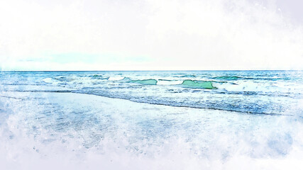 Abstract colorful sea soft wave watercolor illustration painting background.