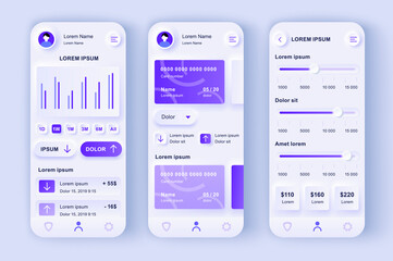 Naklejka na ściany i meble Smart banking unique neumorphic design kit. Financial app for credit card balance, money flow analytics and transaction. Online bank account UI, UX template set. GUI for responsive mobile application.