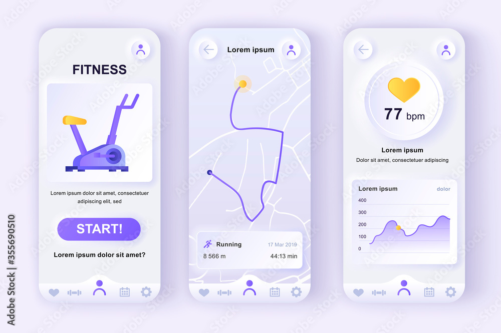 Poster Fitness workout unique neumorphic design kit for mobile app. Fitness tracker screens with running route planner and heart rate monitor. Sport UI, UX template set. GUI for responsive mobile application