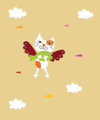cute kitten cat angel with fish vector
