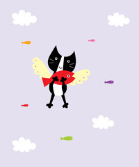cute kitten cat angel with fish vector