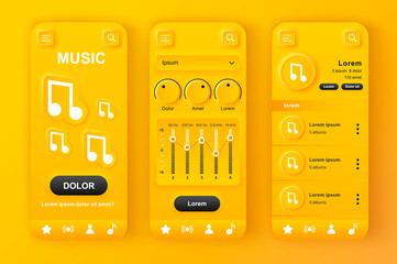 Music player unique neumorphic yellow design kit. Audio app with equalizer settings, playlist with compositions, search bar. Music listening UI, UX template set. GUI for responsive mobile application.