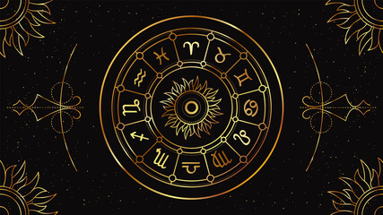 Zodiac circle with astrological signs of the horoscope on a black background with a geometric golden pattern.