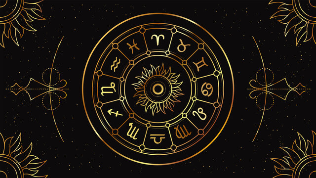 Zodiac Circle With Astrological Signs Of The Horoscope On A Black Background With A Geometric Golden Pattern.