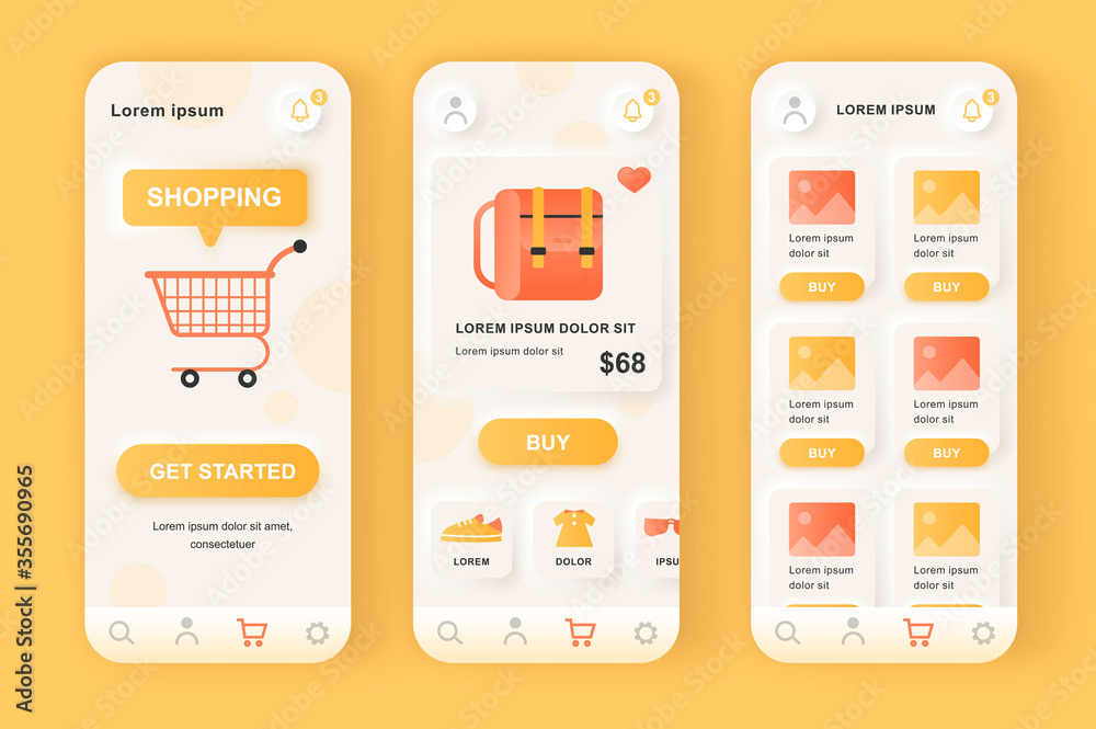 Leinwandbilder Online shopping solution unique neumorphic design kit. Shopping app with product photo, description and price. Internet marketplace platform UI, UX template set. GUI for responsive mobile application.